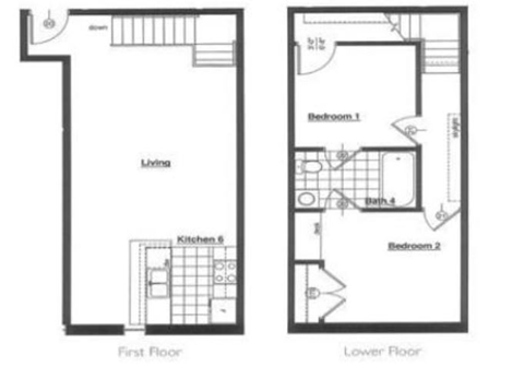 Floor plan for 2 beds, 1 bath, 858 sqft